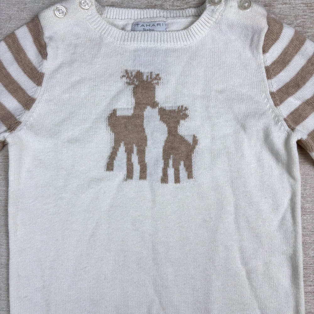 Tahari Baby 6-9 Months 100% Cotton Knit Onesie Long Sleeve Holiday Deer Ivory